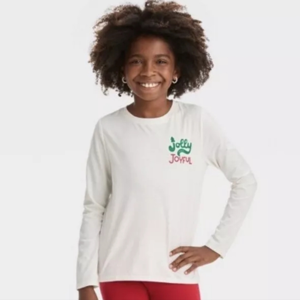 FREE W/ PURCHASE NWT Cat & Jack Holiday Long Sleeve White Shirt Jolly & Joyful